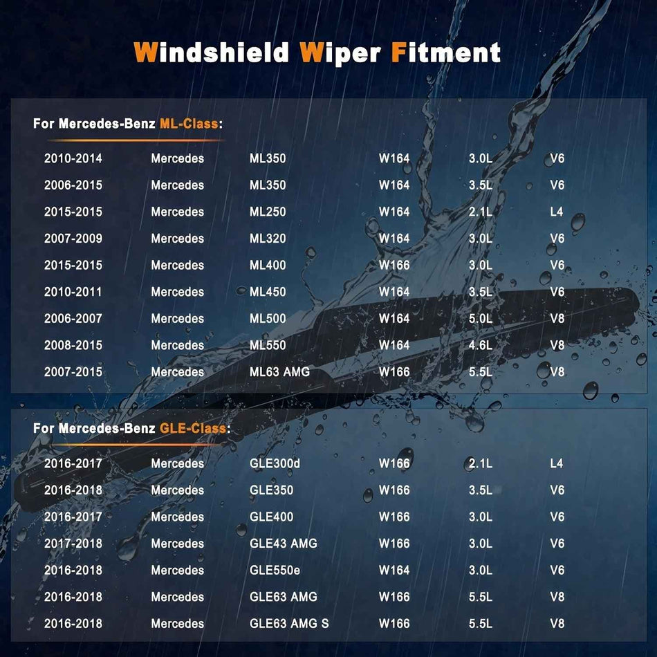 Rear wiper arm fitment chart for Mercedes ML and GLE models