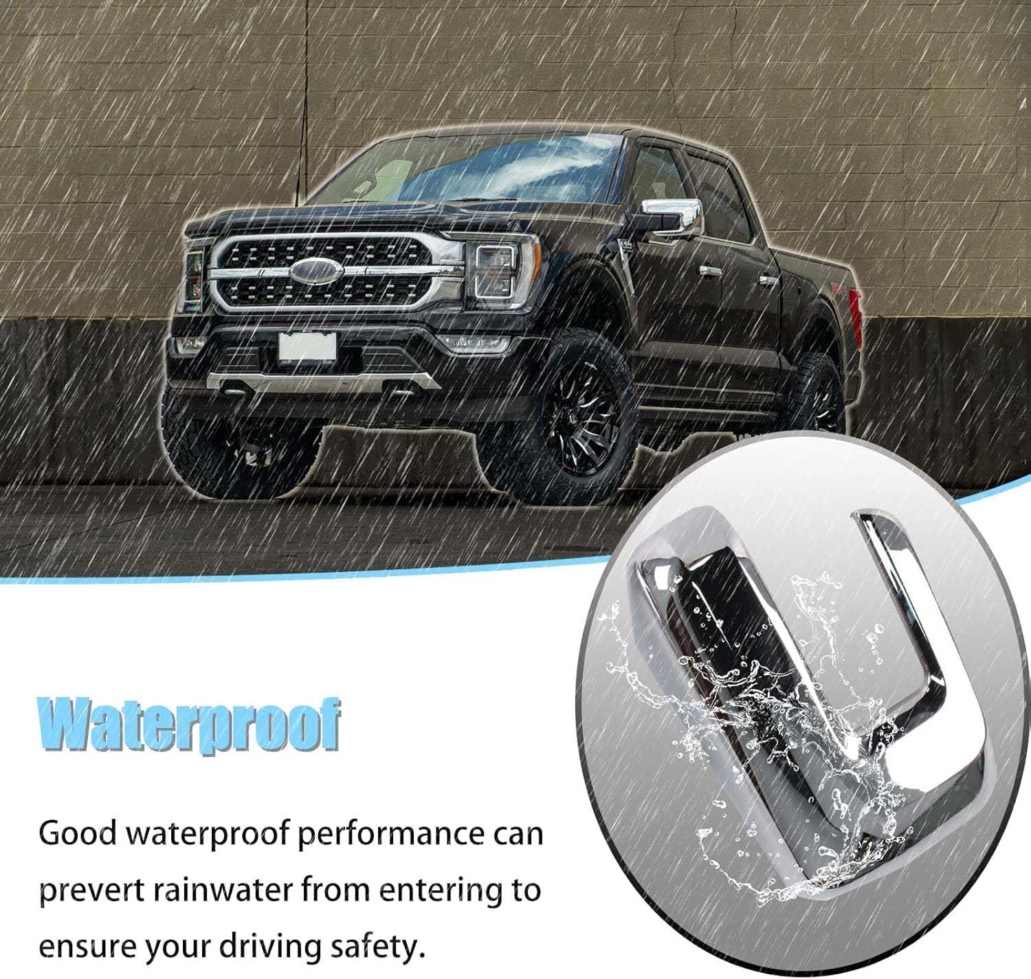 Chrome mirror and door handle covers on pickup truck in rain