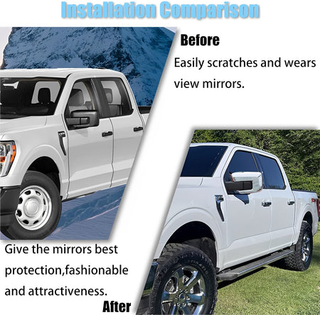 Mirror cover protection comparison showing chrome covers on a light pickup