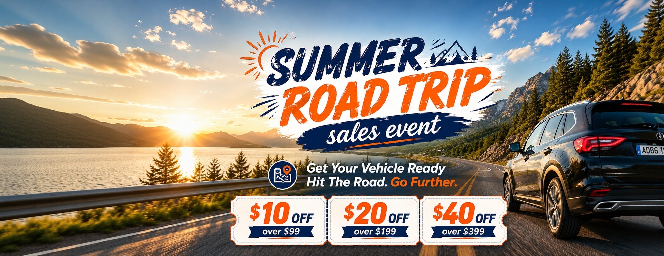 Summer Road Trip Sale banner with $10 off $99+, $20 off $199+, and $40 off $399+ discounts