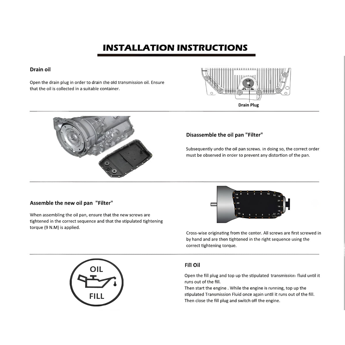 Installation instructions for automatic transmission oil pan kit with labeled parts diagram