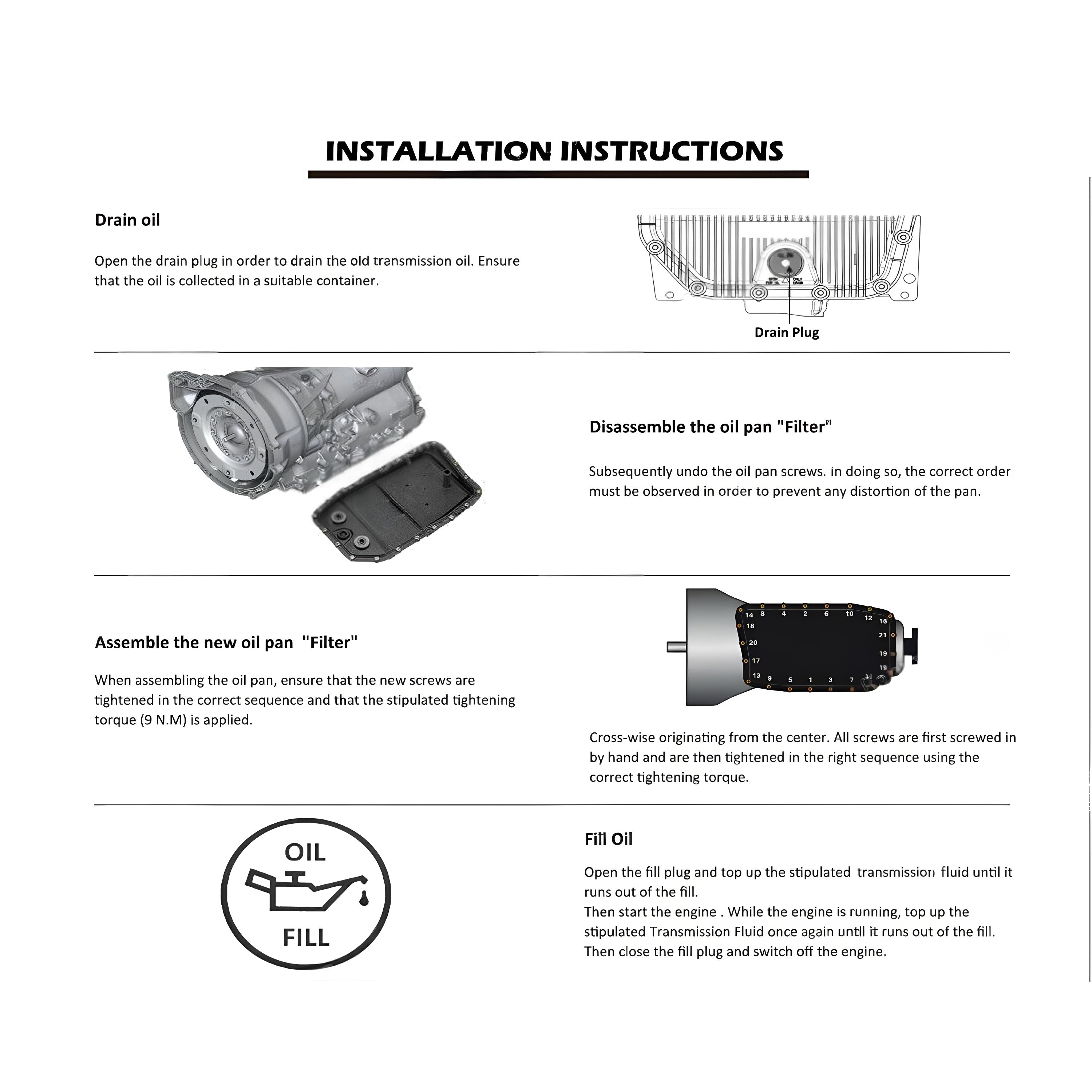 Installation instructions for automatic transmission oil pan kit with labeled parts diagram