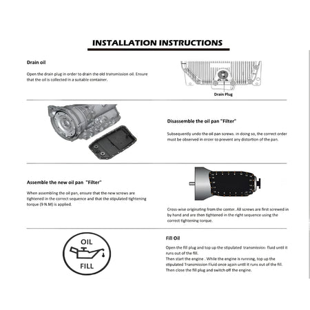 Installation instructions for automatic transmission oil pan kit with labeled parts diagram
