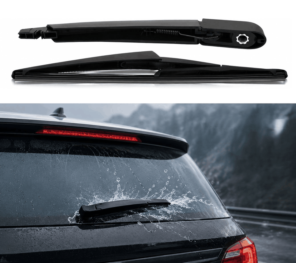 Black rear wiper arm and blade on car rear window