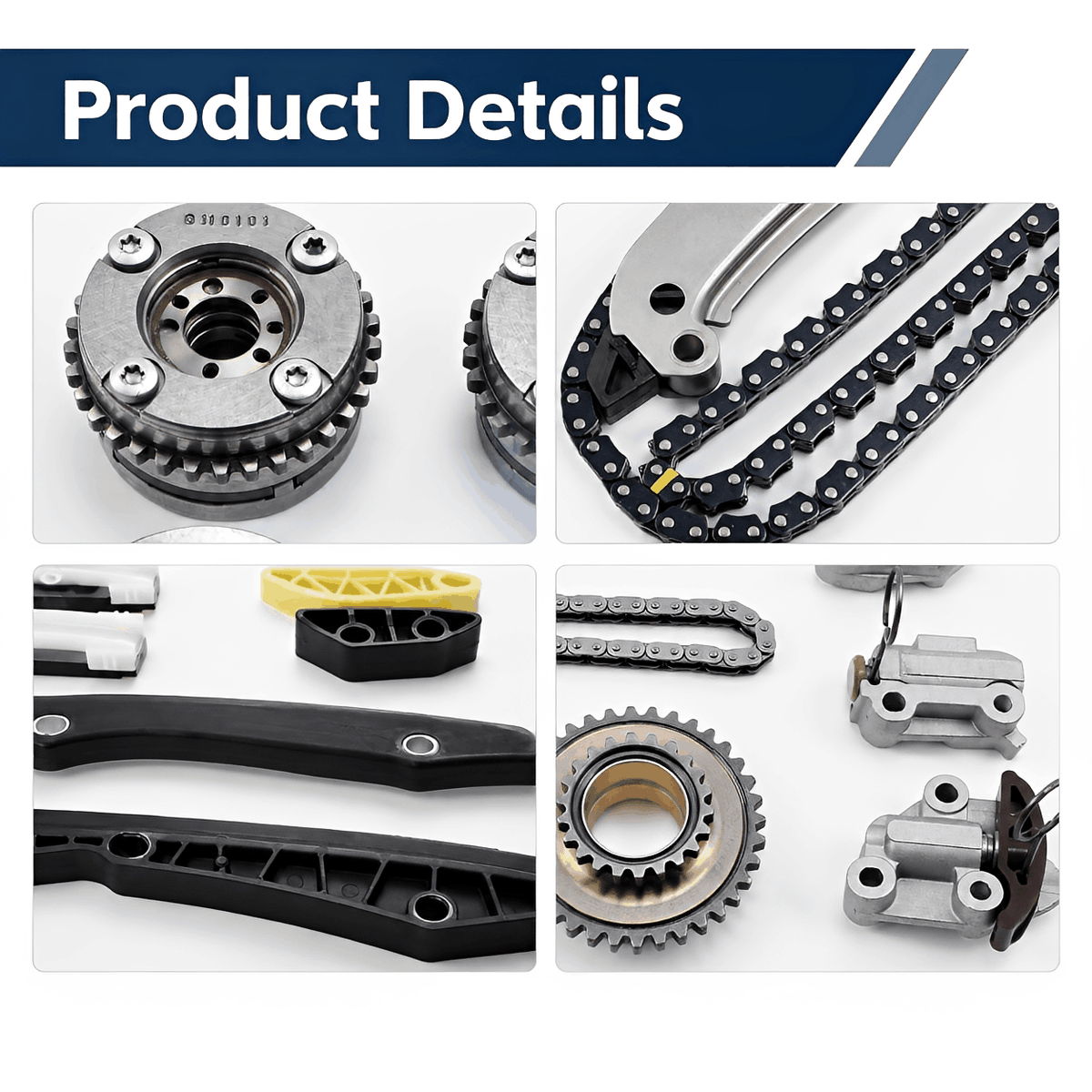 Timing chain kit with sprocket gears, roller chains, and plastic tension guide parts
