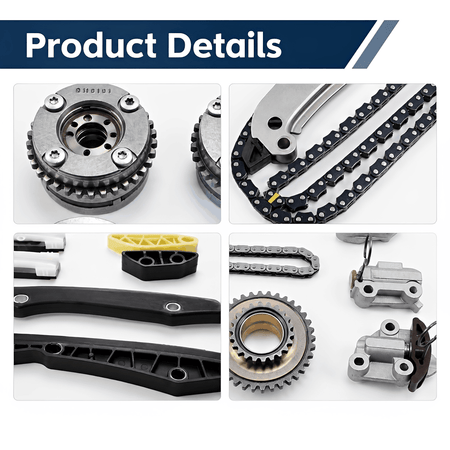 Timing chain kit with sprocket gears, roller chains, and plastic tension guide parts