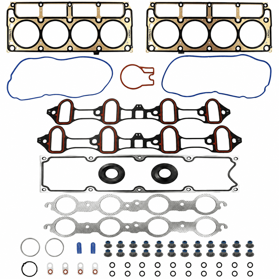 Engine head gasket set components: metal gaskets, seal profiles, bolts, washers