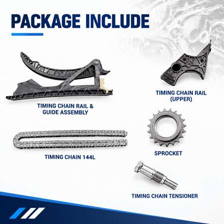 Timing chain kit contents: guide assembly, sprocket, chain 144L, and tensioner