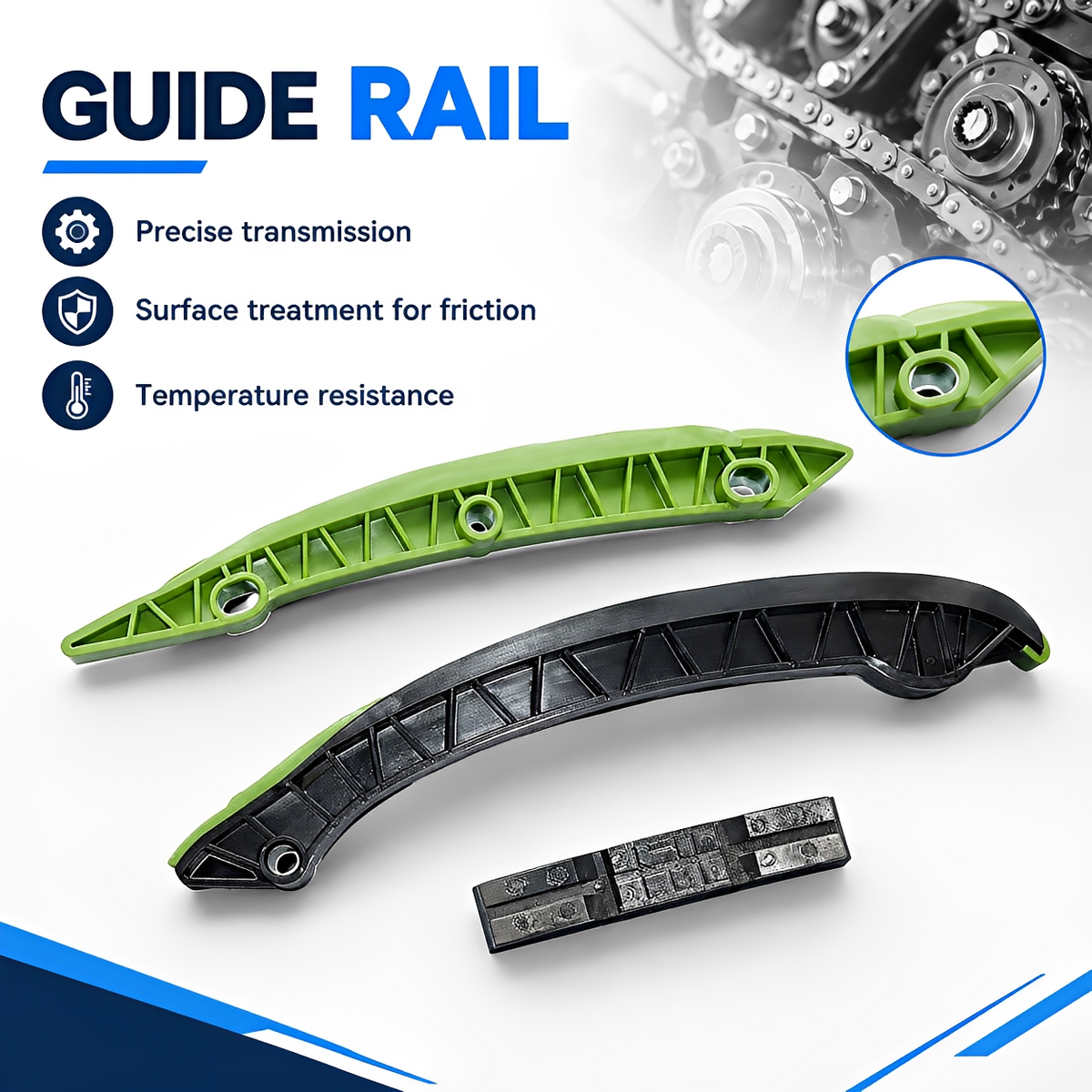 Timing chain guide rail set with green guide and black chain guide pieces