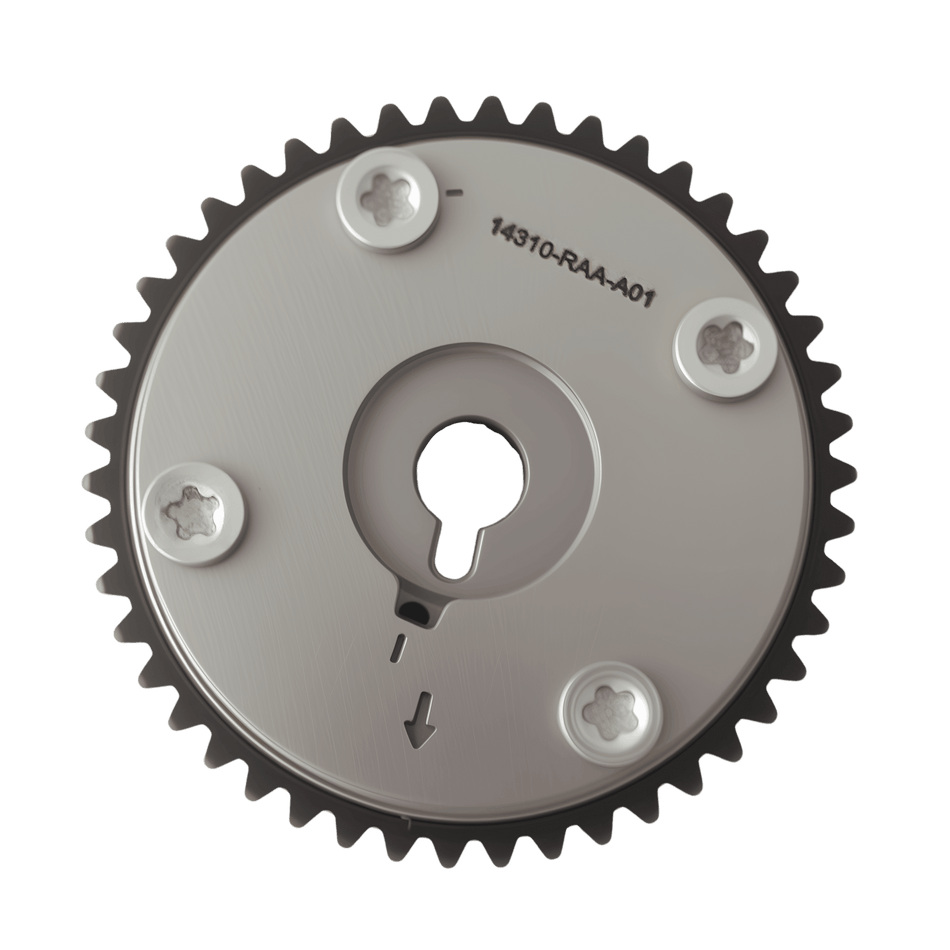 Metal variable valve timing sprocket with teeth and four mounting bolts