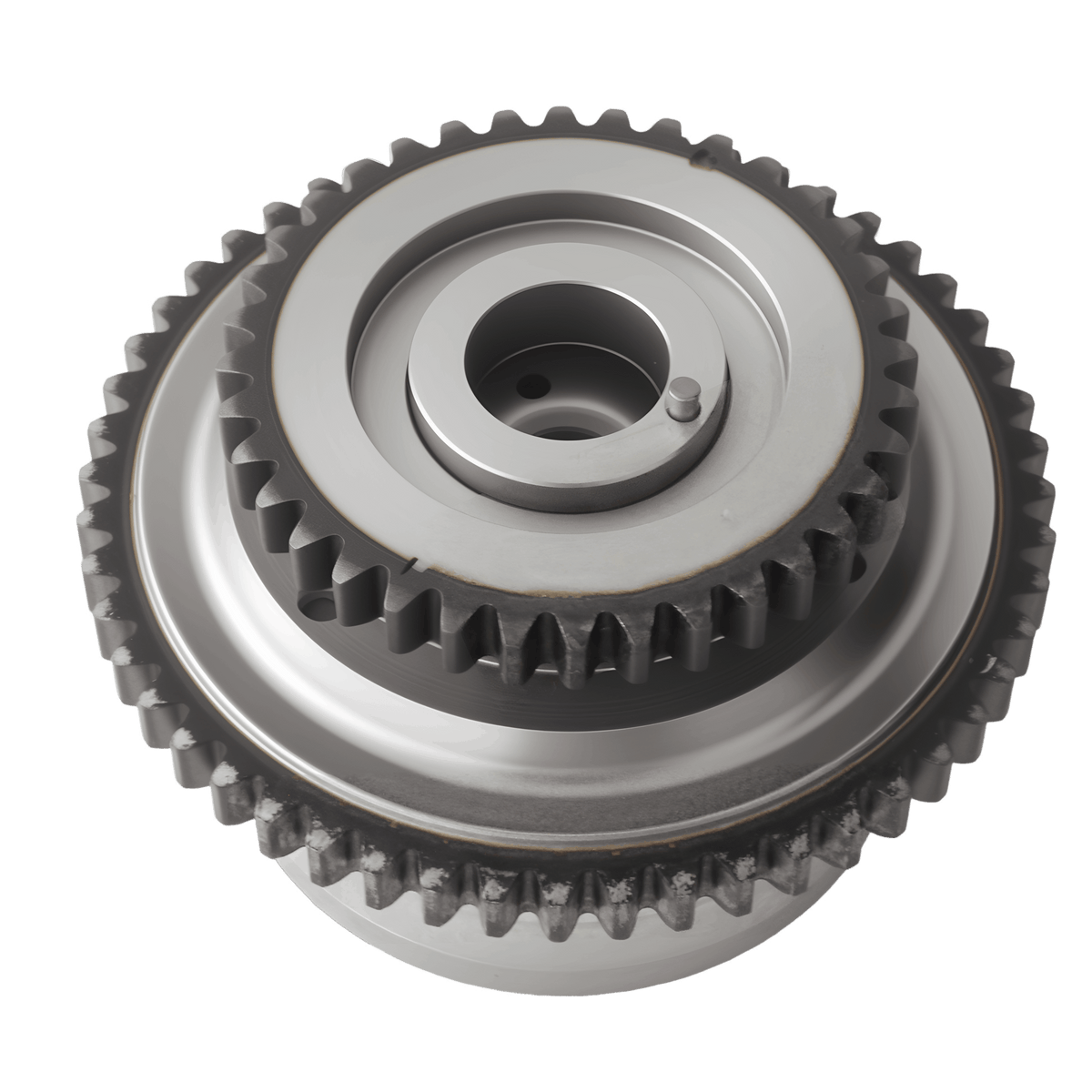 Metal timing sprocket gear with toothed rim and central hub, silver and dark gray