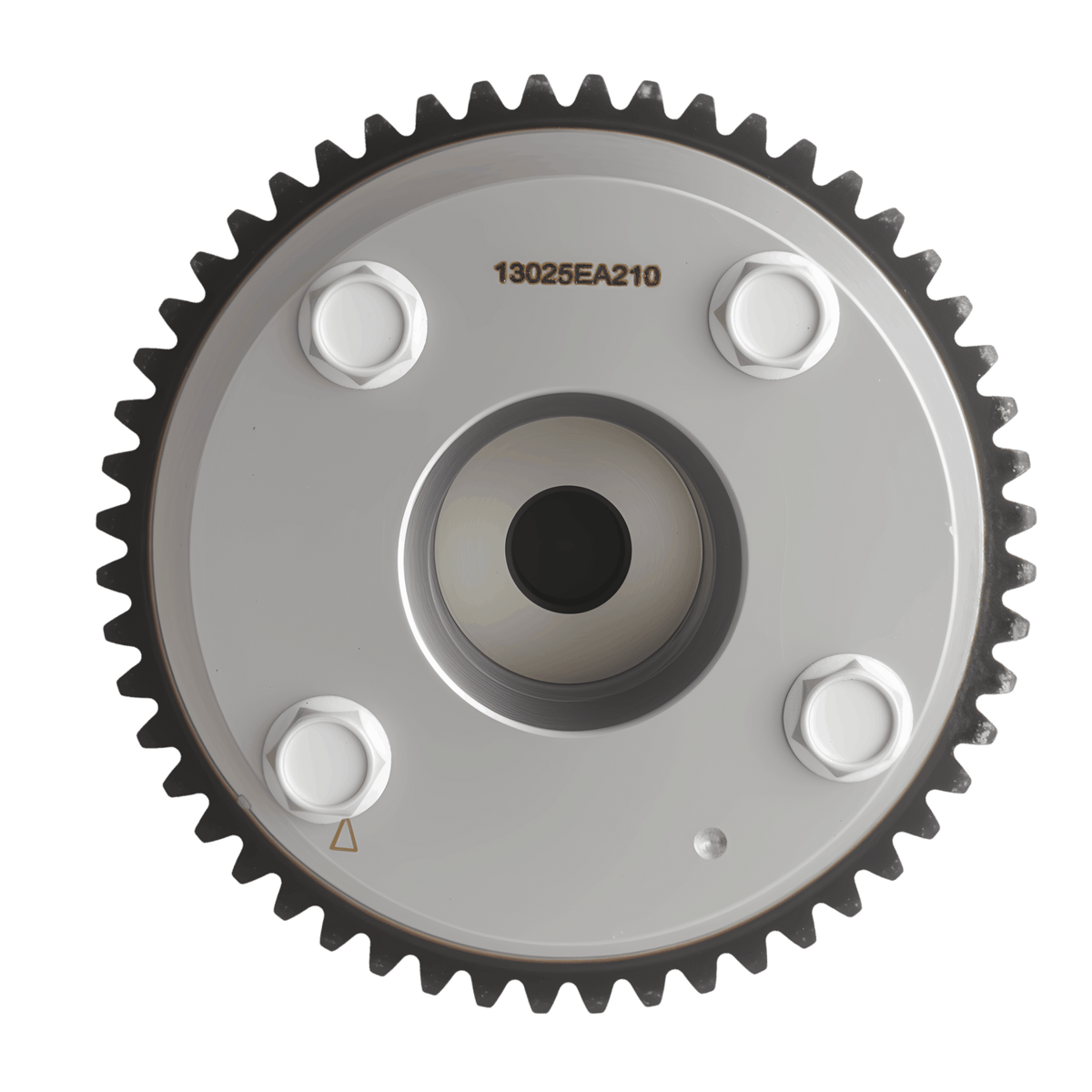 Metal timing sprocket gear with 4 bolt heads and stamped part number, silver