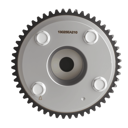 Metal timing sprocket gear with 4 bolt heads and stamped part number, silver