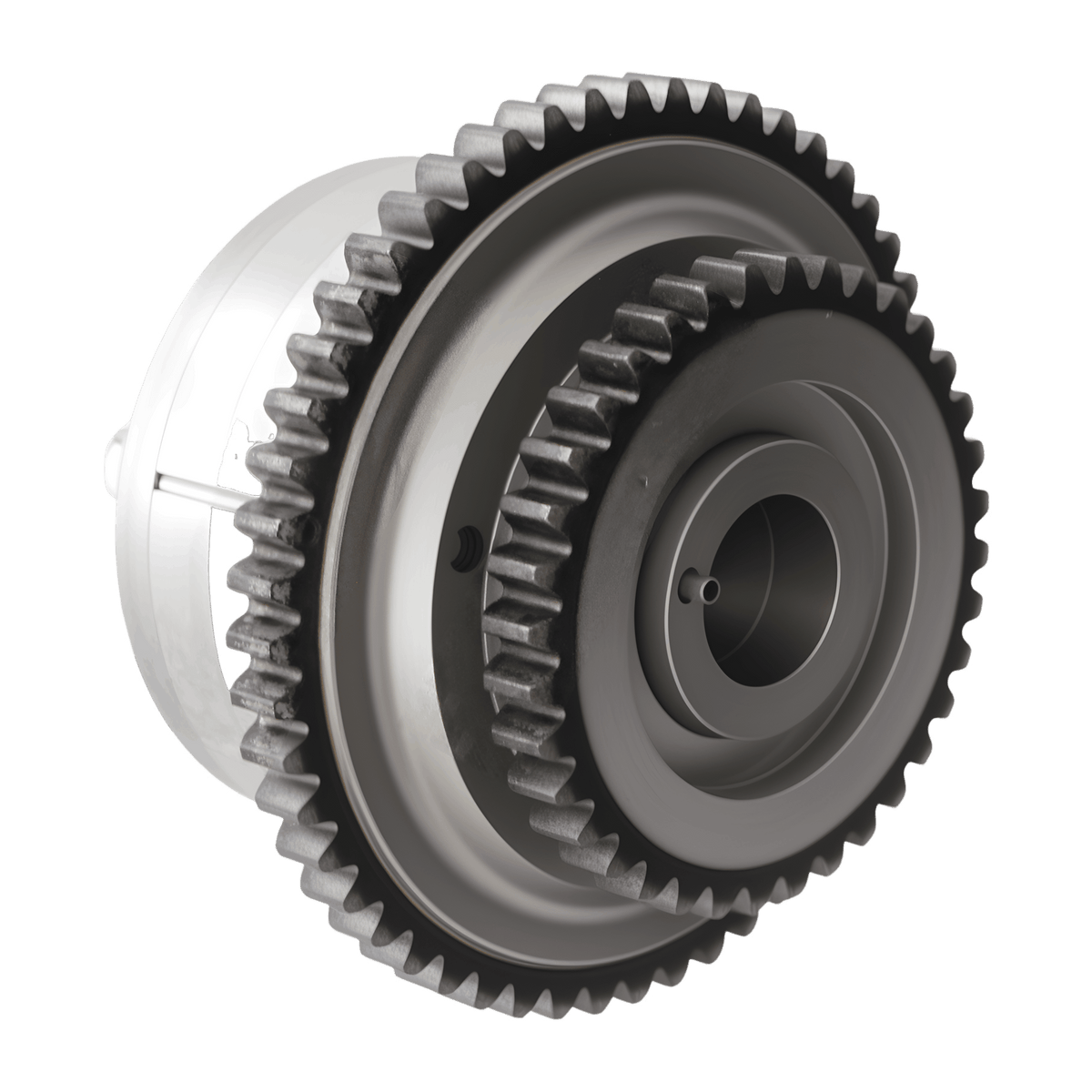 Timing sprocket gear with stacked toothed rings and side profile, silver