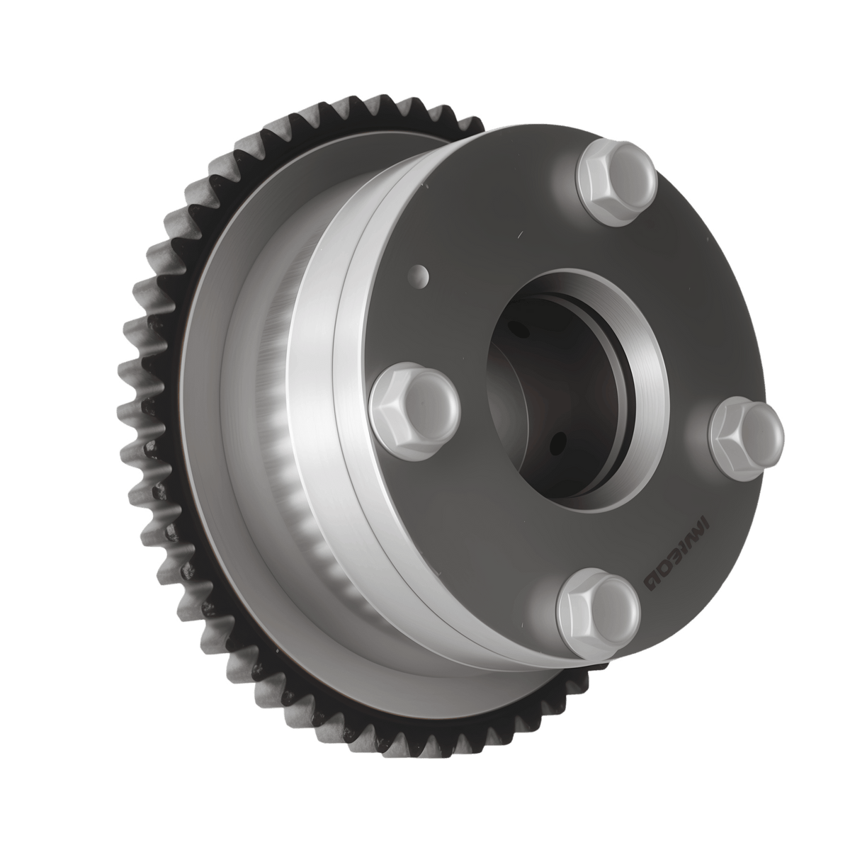 Metal sprocket with dark outer ring, silver spacer, and central bore, side view