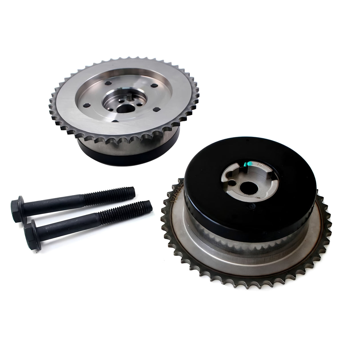 Timing VVT sprocket pair with two mounting bolts, silver and black toothed pulleys