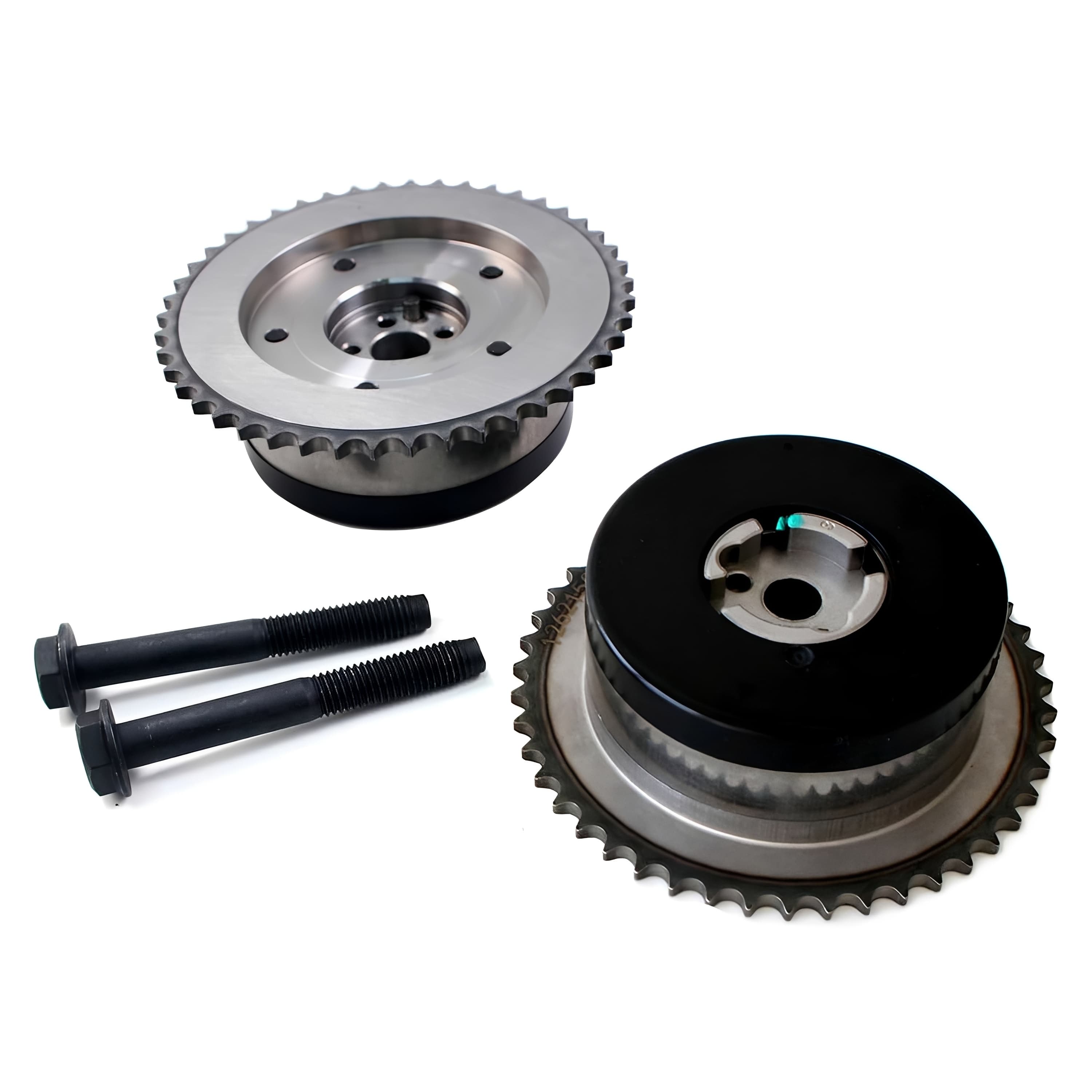 Timing VVT sprocket pair with two mounting bolts, silver and black toothed pulleys