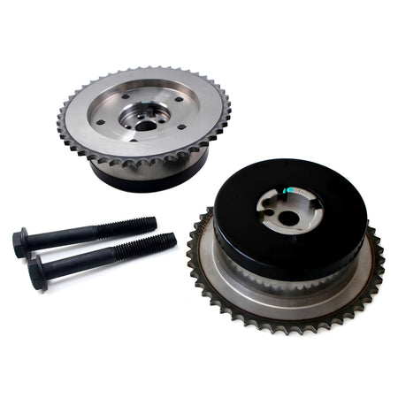 Timing VVT sprocket pair with two mounting bolts, silver and black toothed pulleys