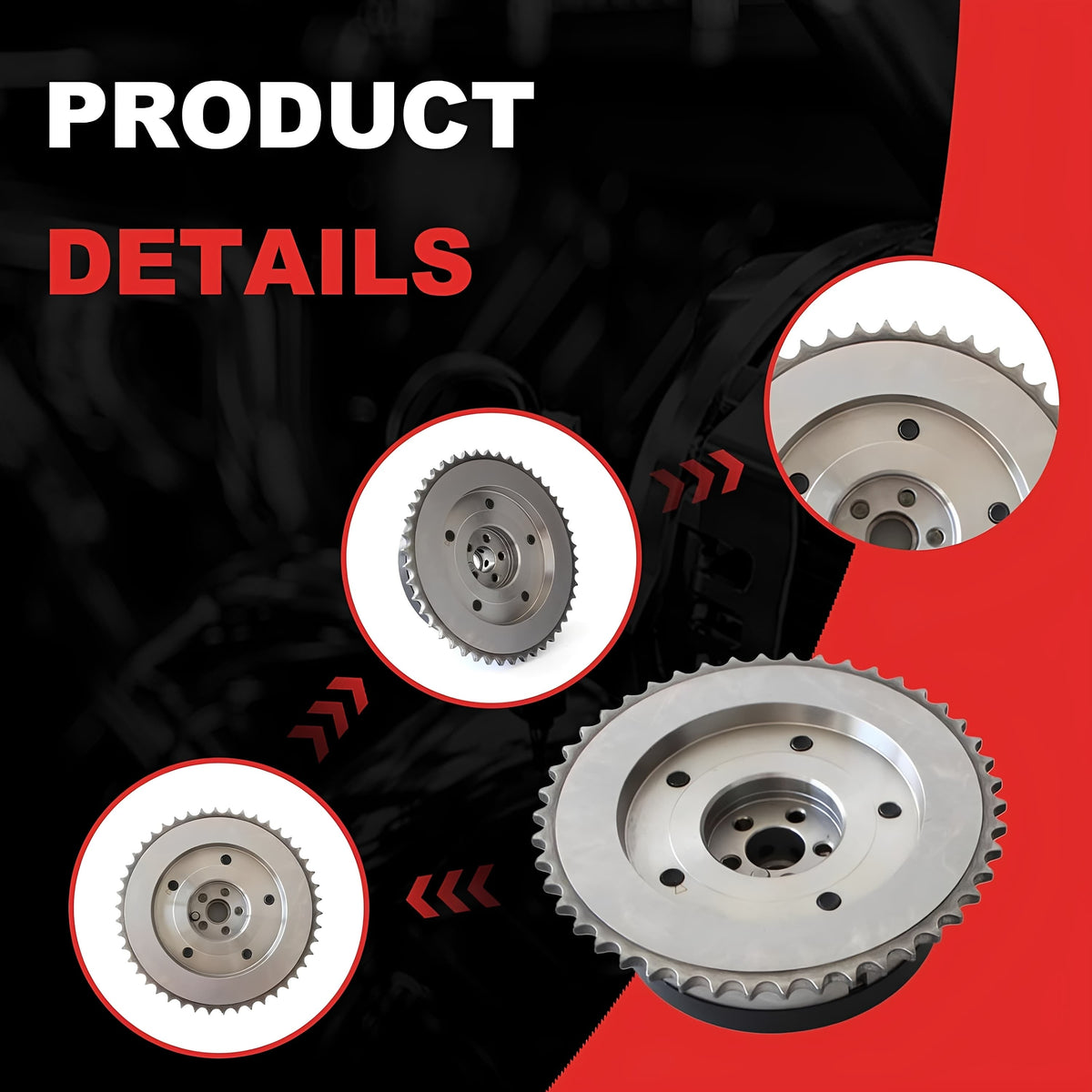 Silver toothed timing VVT sprocket and black pulley, shown with three inset views