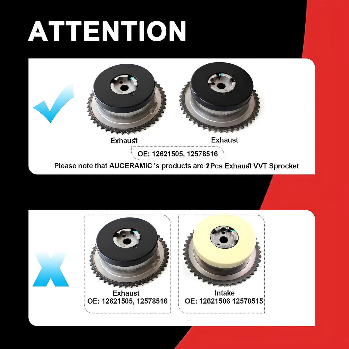 VVT sprocket set comparison with two silver toothed gears and black pulley faces