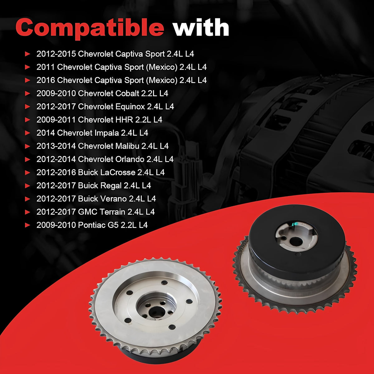 Timing VVT sprockets, silver toothed gears with black pulley hubs shown side by side