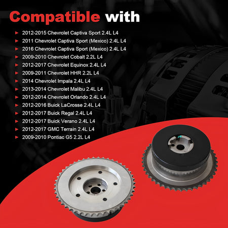 Timing VVT sprockets, silver toothed gears with black pulley hubs shown side by side