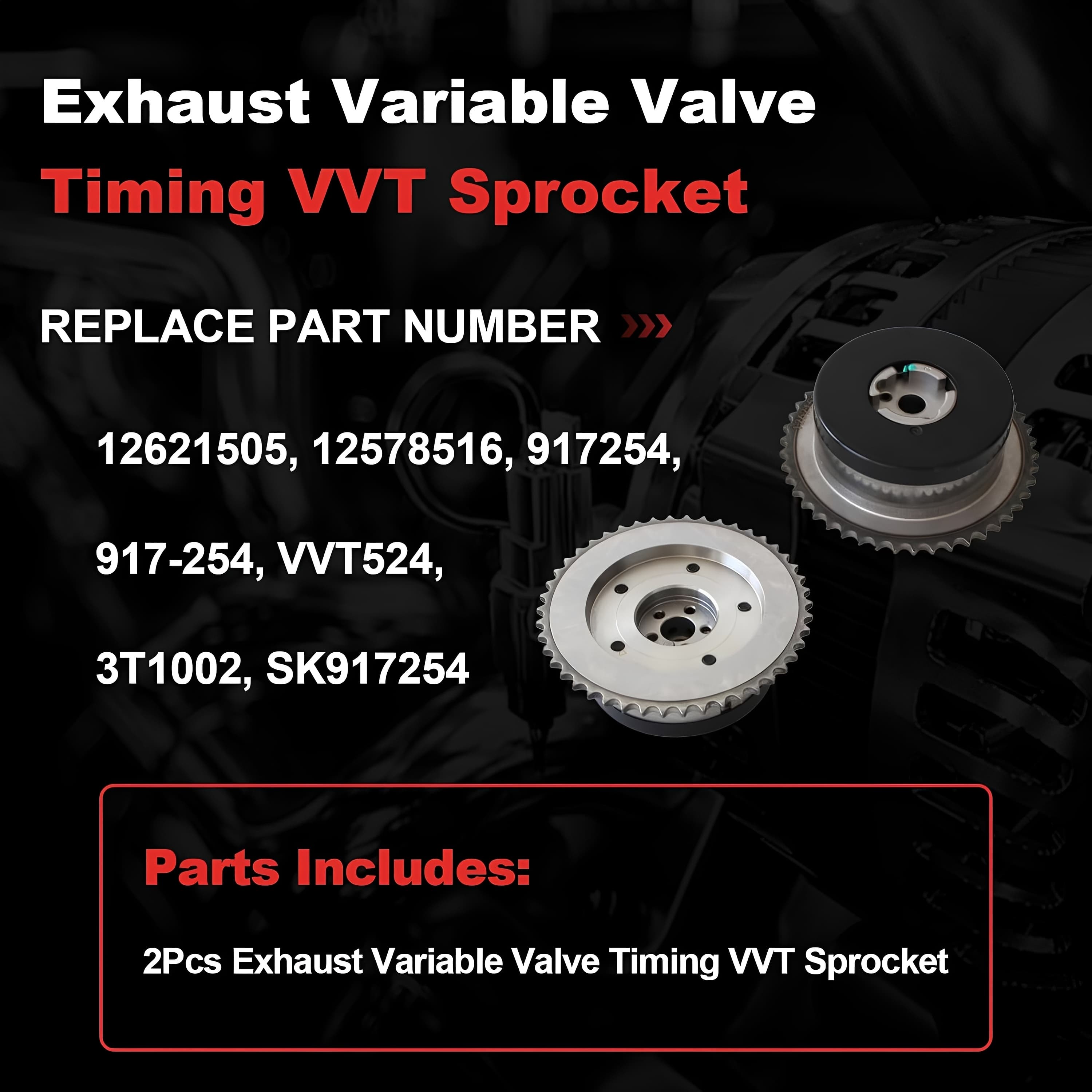 Exhaust timing VVT sprocket set with two black pulley hubs and silver toothed gears
