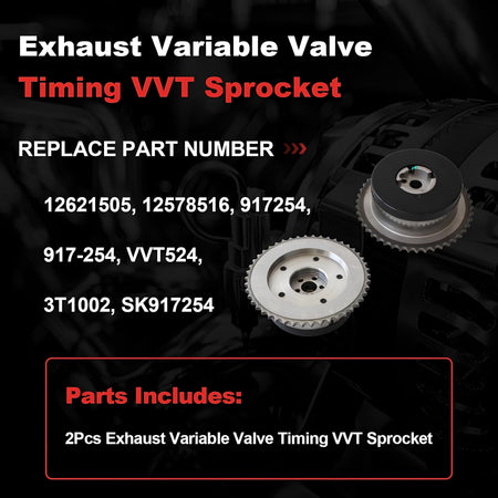 Exhaust timing VVT sprocket set with two black pulley hubs and silver toothed gears