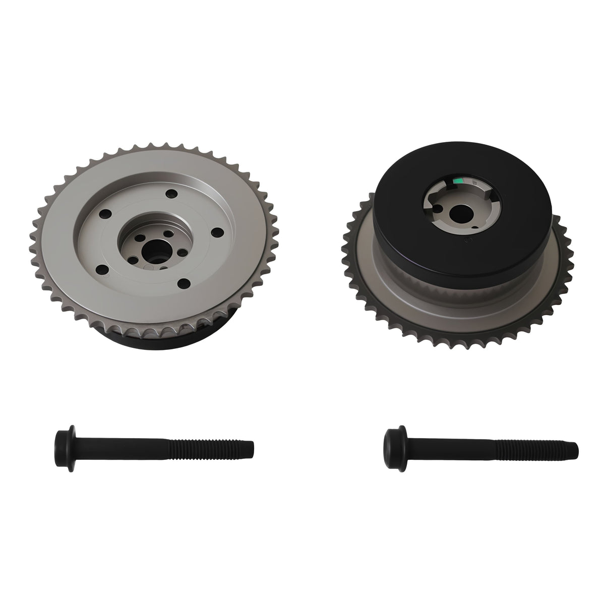 Two timing VVT sprockets with black pulley faces and silver toothed edges, plus two bolts