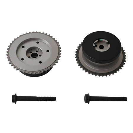 Two timing VVT sprockets with black pulley faces and silver toothed edges, plus two bolts