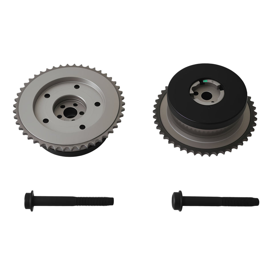 Two timing VVT sprockets with black pulley faces and silver toothed edges, plus two bolts