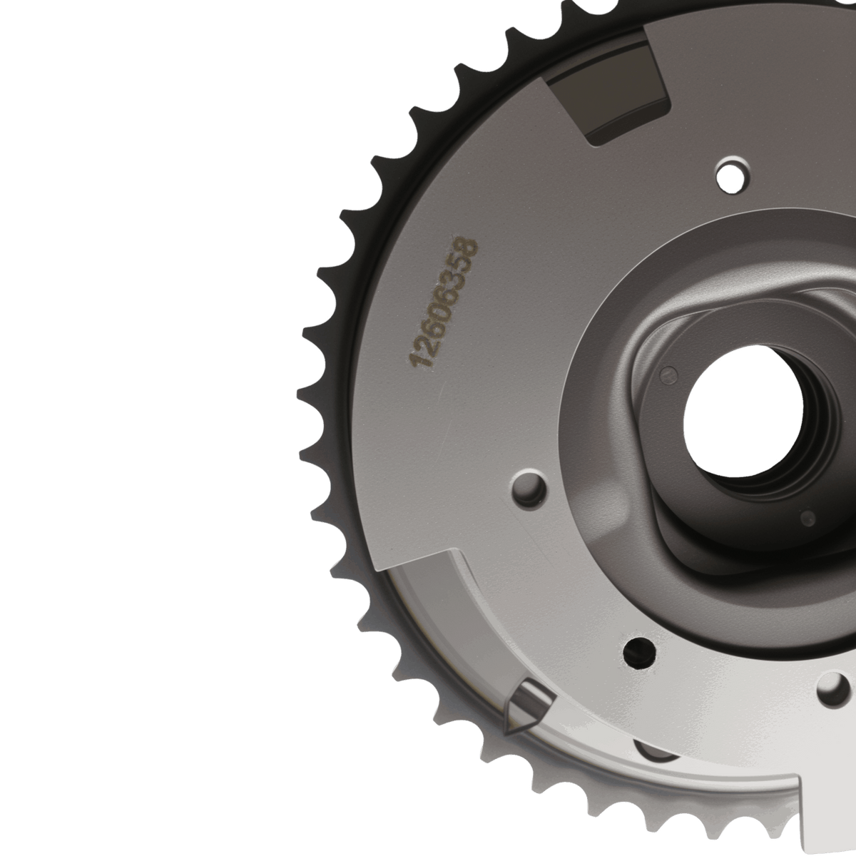 Gray VVT sprocket gear with central hole and stamped markings