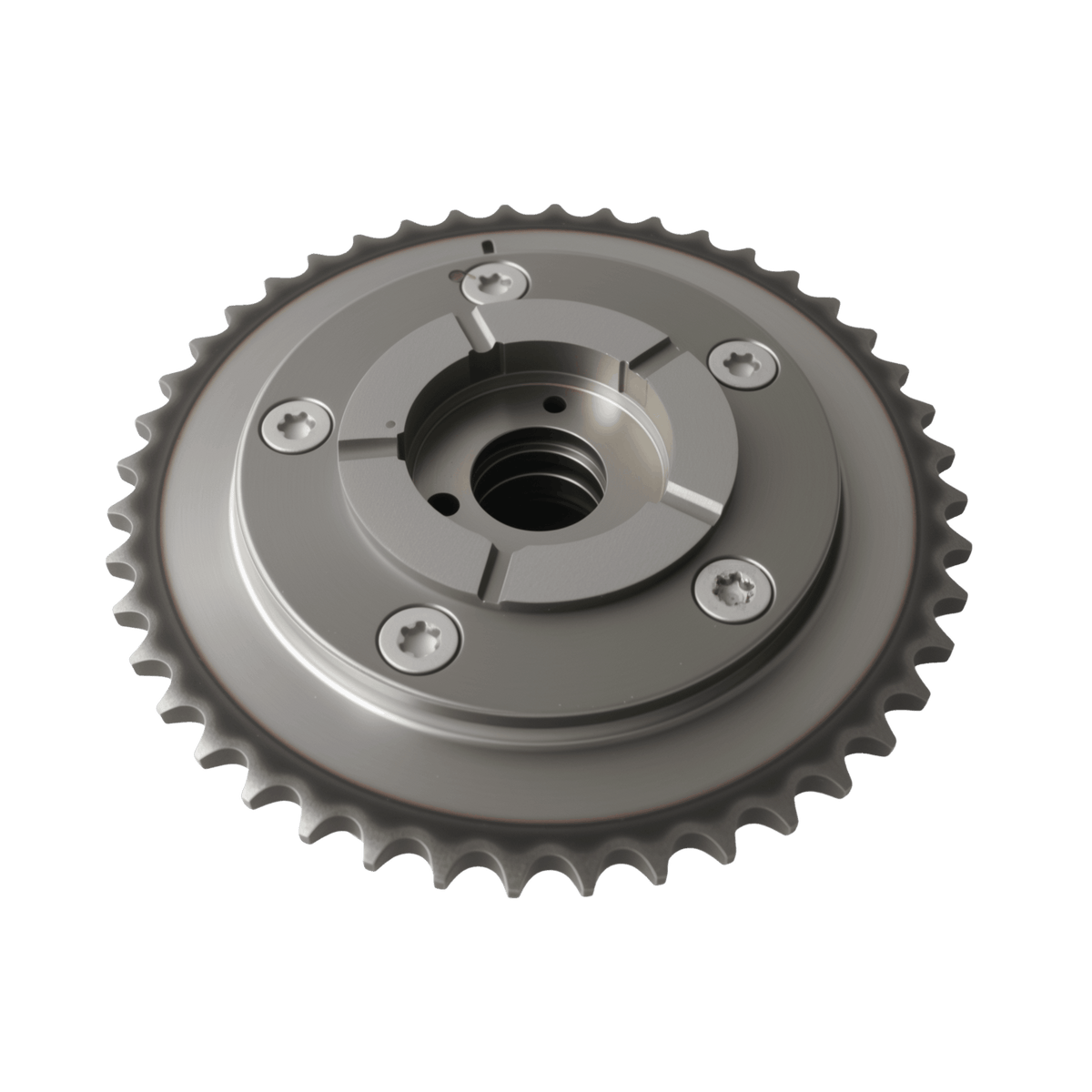 Silver VVT cam sprocket gear with bolt holes and central hub