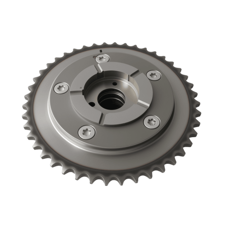 Silver VVT cam sprocket gear with bolt holes and central hub