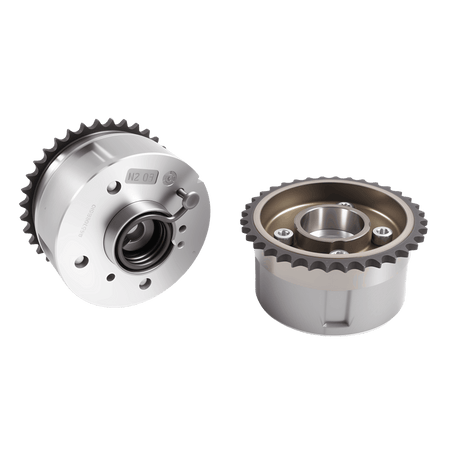 Timing chain sprocket pair, silver gears with central mounting hub
