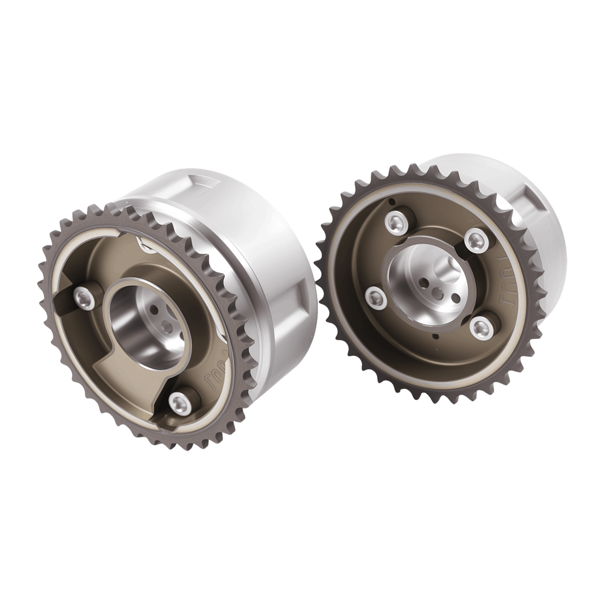 Timing chain sprockets, silver gears shown from side angles