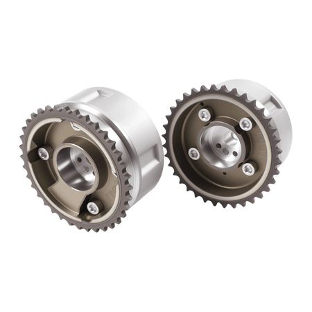 Timing chain sprockets, silver gears shown from side angles