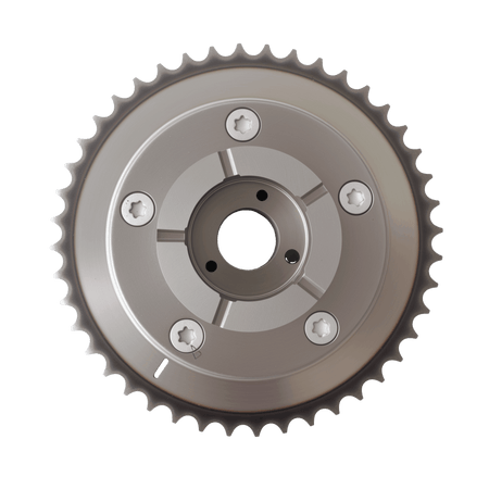 Gray VVT cam sprocket gear with center ring and six bolt screws