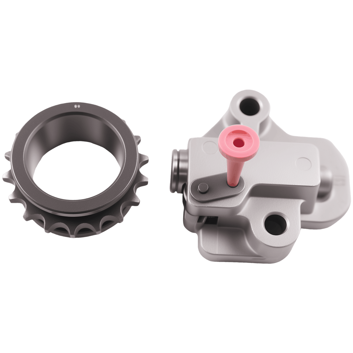Timing chain sprocket ring and chain tensioner, silver housing with pink plunger