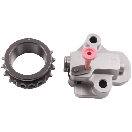 Timing chain sprocket ring and chain tensioner, silver housing with pink plunger