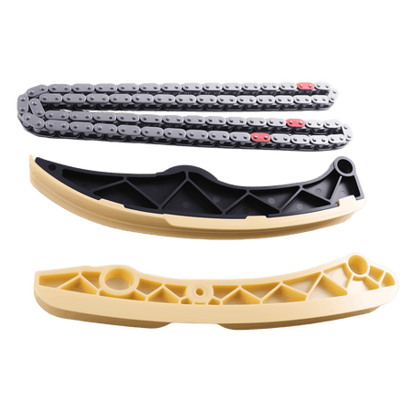 Timing chain with guide rails, dark metal chain and tan/black plastic guides