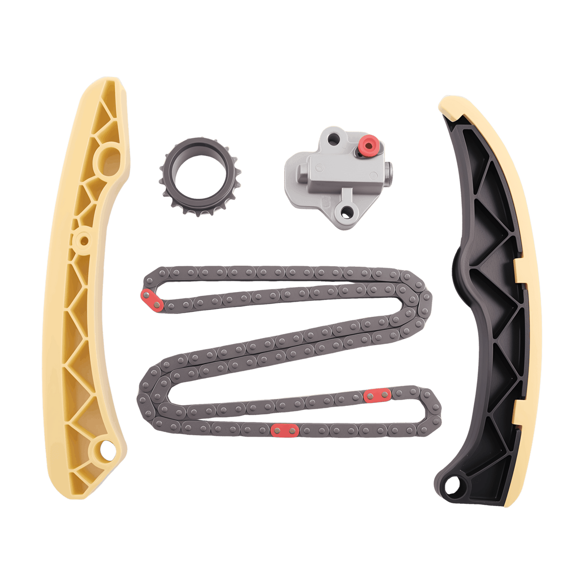 Timing chain kit in pieces: guides, chain, tensioner, and small seal ring