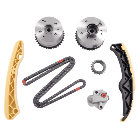 Timing chain kit components: two sprockets, chain, guides, tensioner, and seal