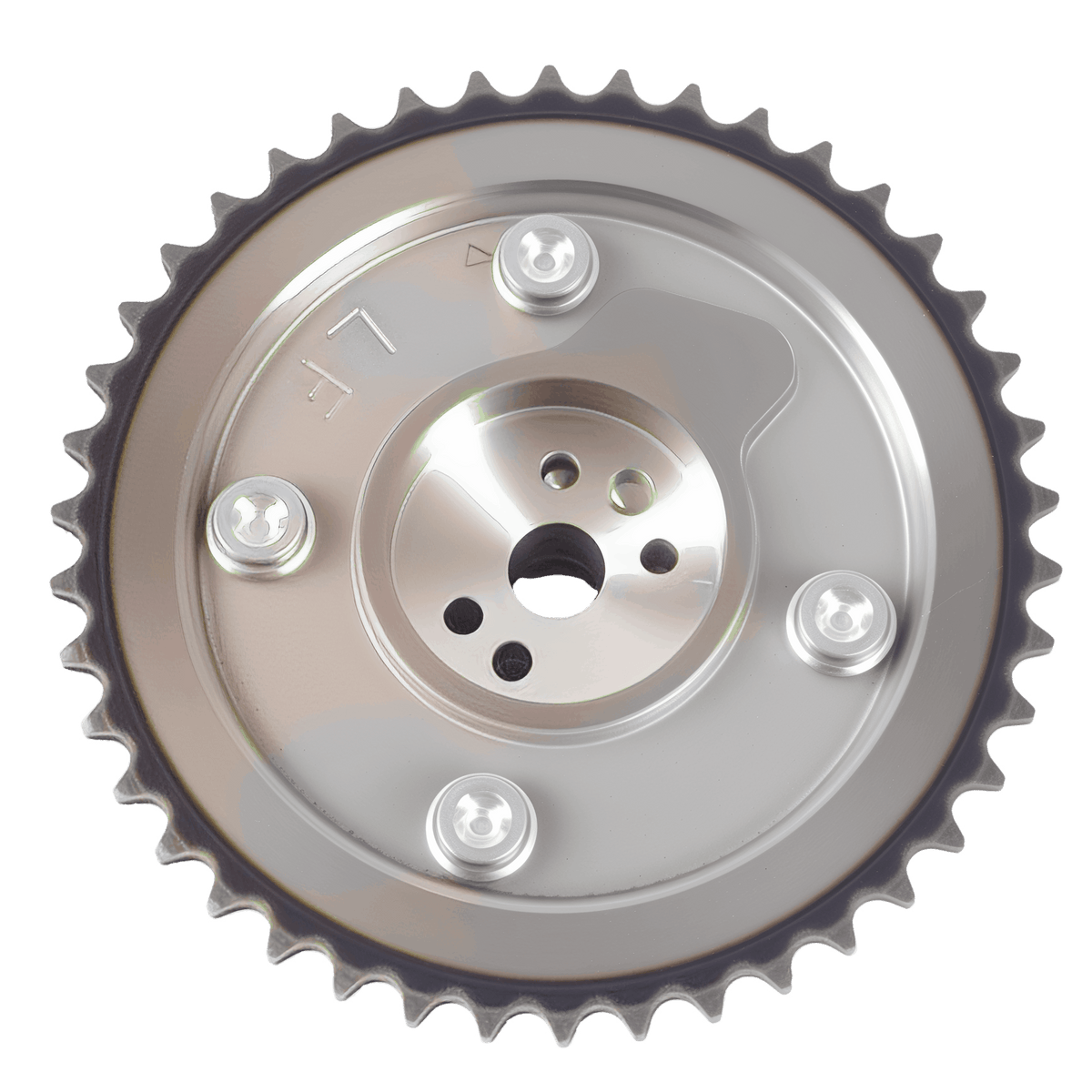 Exhaust camshaft gear with toothed ring, bolt holes, metallic silver