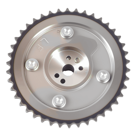 Exhaust camshaft gear with toothed ring, bolt holes, metallic silver