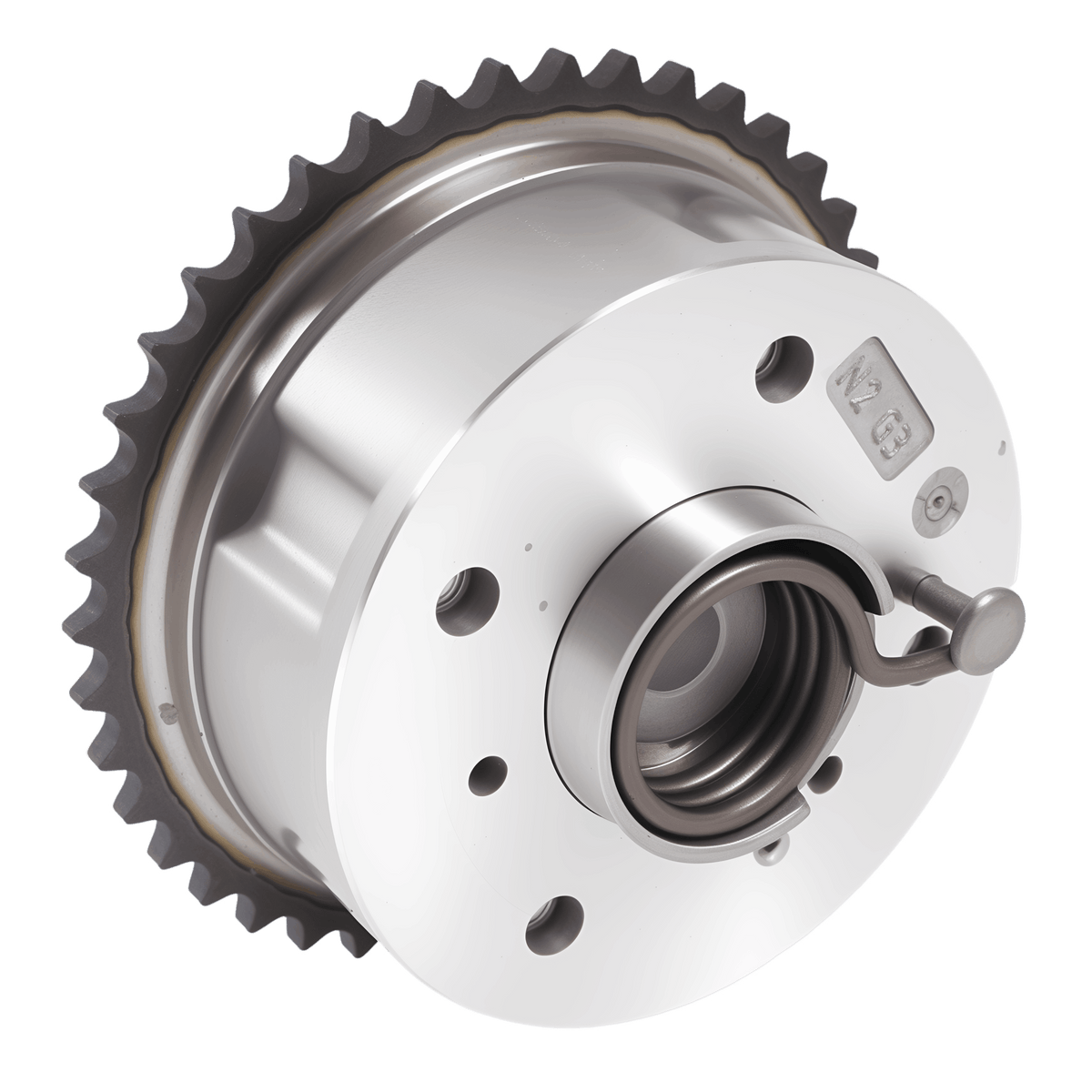 Exhaust camshaft gear with toothed ring and central shaft opening, metal silver