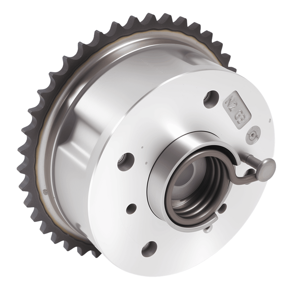 Exhaust camshaft gear with toothed ring and central shaft opening, metal silver