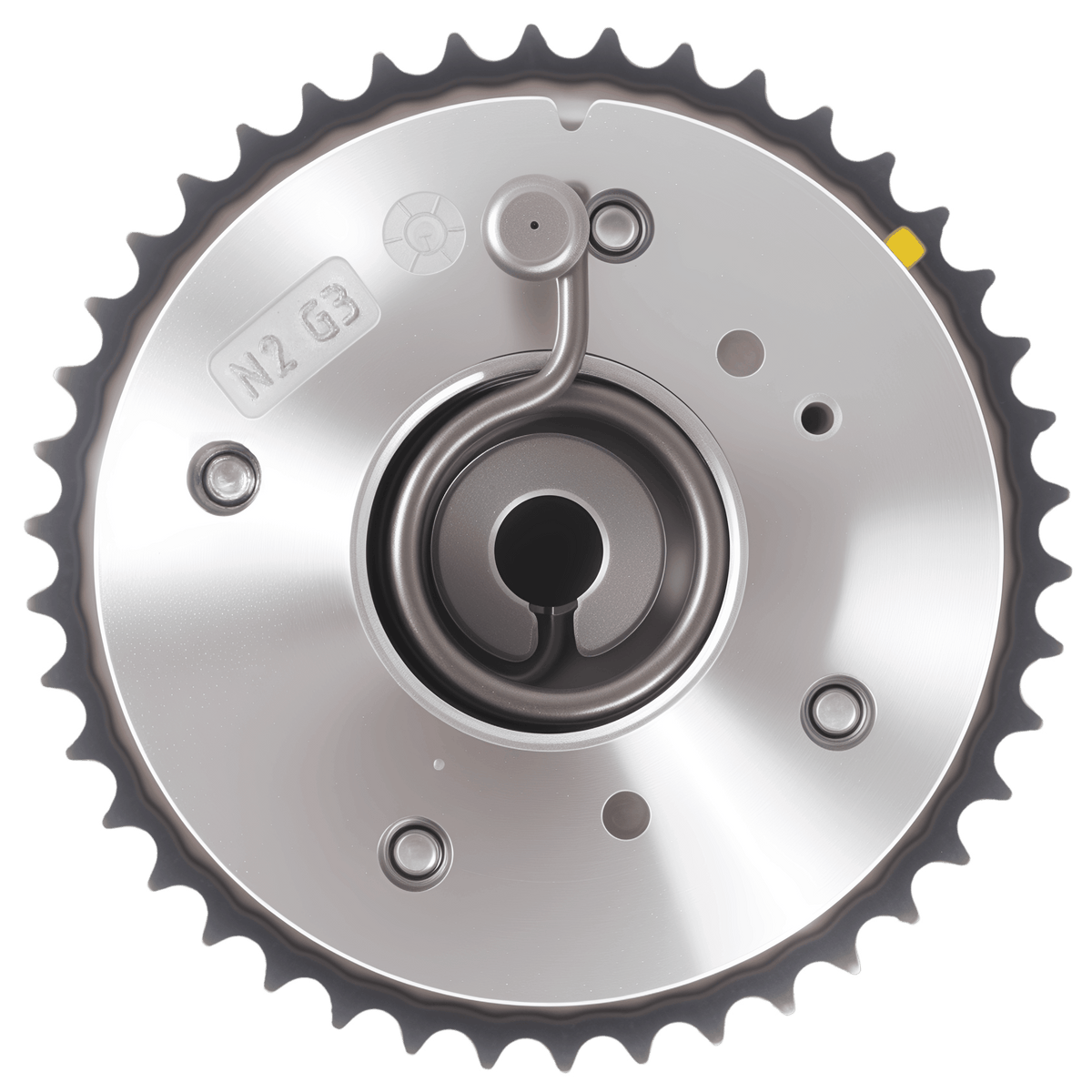 Exhaust camshaft gear with toothed ring, central port, small metal actuator arm