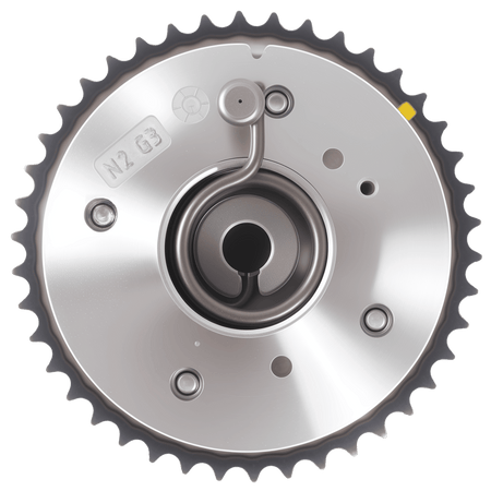 Exhaust camshaft gear with toothed ring, central port, small metal actuator arm