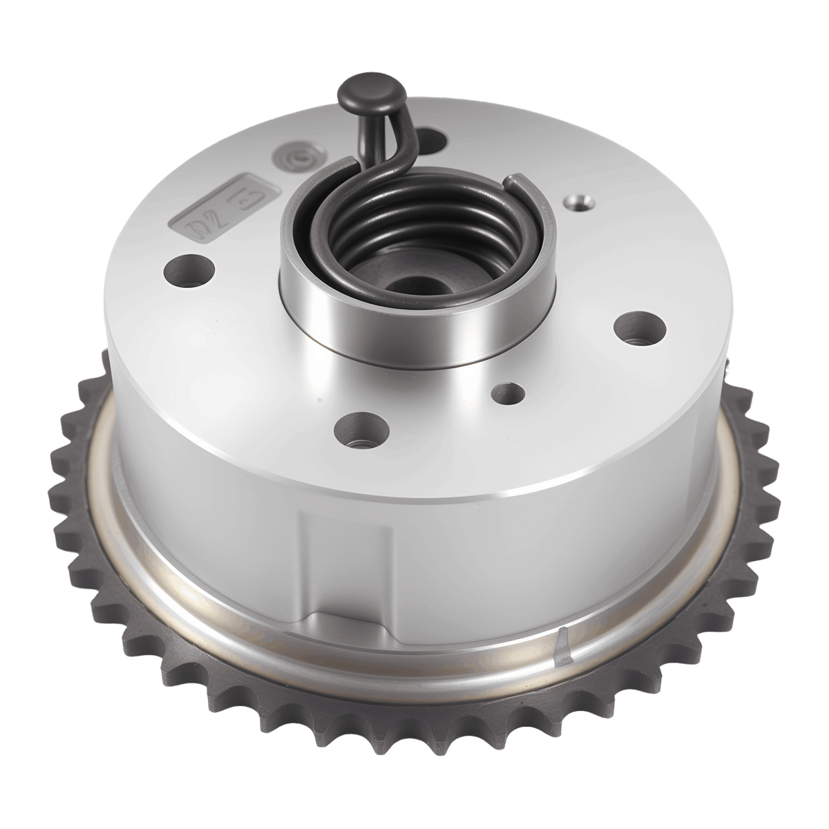 Exhaust camshaft gear with toothed ring and spring-loaded center valve, silver